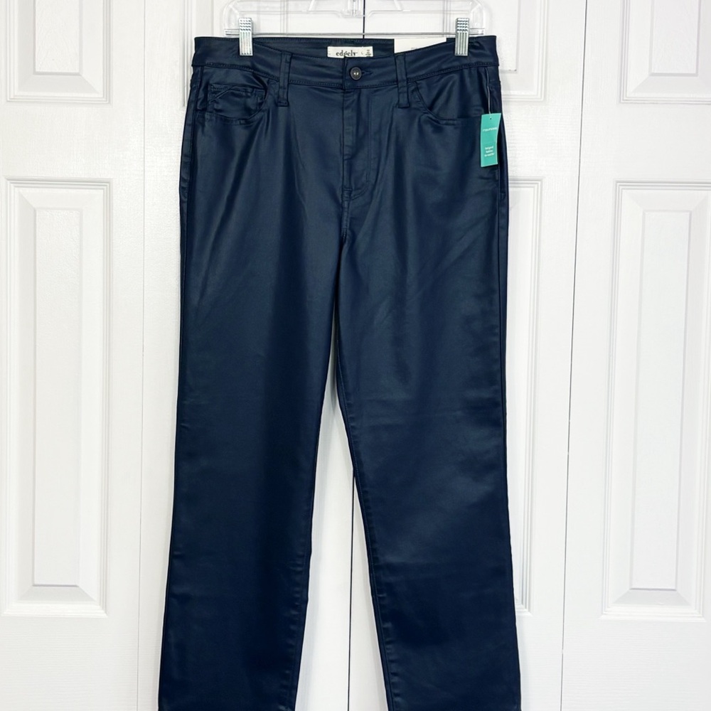 NWT Edgely Navy Blue Coated Faux Leather Slim Straight Ankle Pants 12